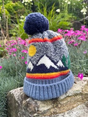 Kids Mountain Pom Beanie - Blue with Yellow Sun